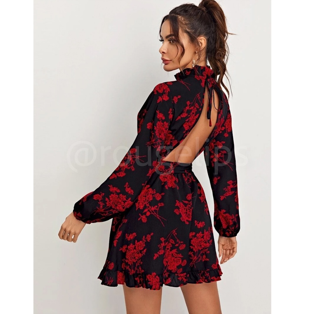 Red on Black Floral Mini Dress High Neck Long Sleeve Backless - Picture 5 of 8
